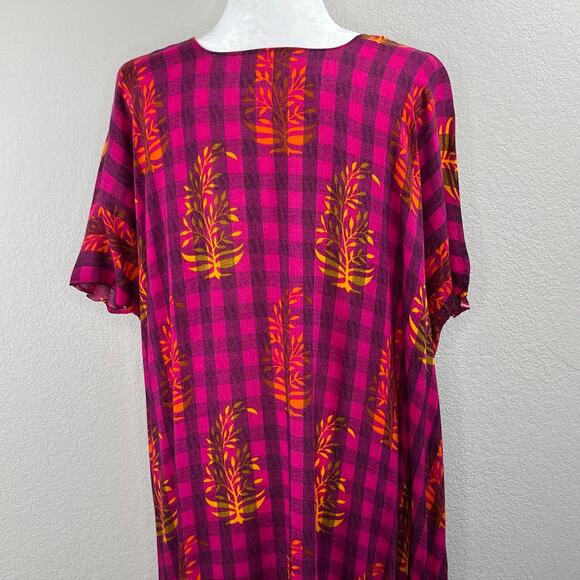 Pink Black Checkered Gold Leaf Semi-Sheer Summer Cover Up Kaftan Maxi Dress XS - Picture 9 of 14